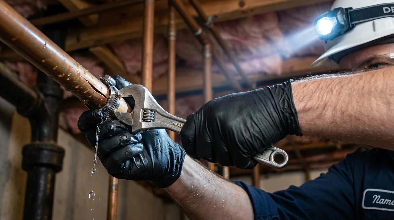 Emergency pipe clamp repair being performed by a Johns Plumbing LLC plumber in Kingston