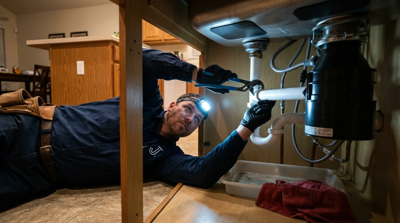 P-trap and supply line connections under a kitchen sink showing a common leak point in Kingston, PA
